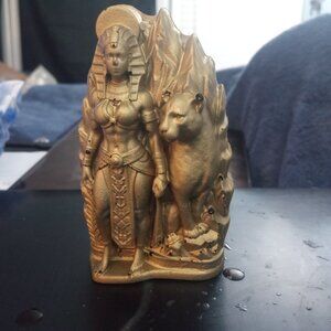 Handmade Golden Resin Egyptian Pharoah and Lion Statue